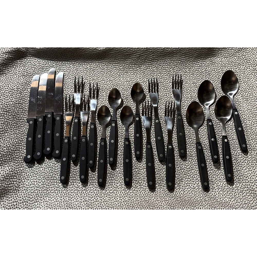 Service for 4 Ronco Stainless Flatware Wood Look Riveted Black Handles 20 Pieces